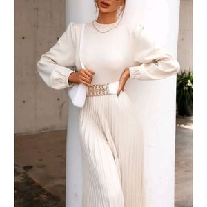Pleated Rib Knit Gathered Sleeve Sweater Dress